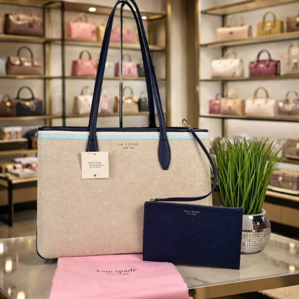 Kate‎ Spade Shoulder Large Tote Bag Navy Cream Tote with wristlet Canvas Leather
